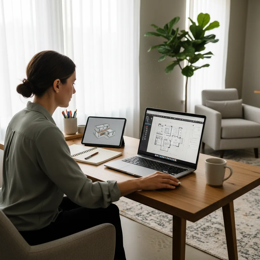 Proceso de diseño de plano de casa con ordenador portátil