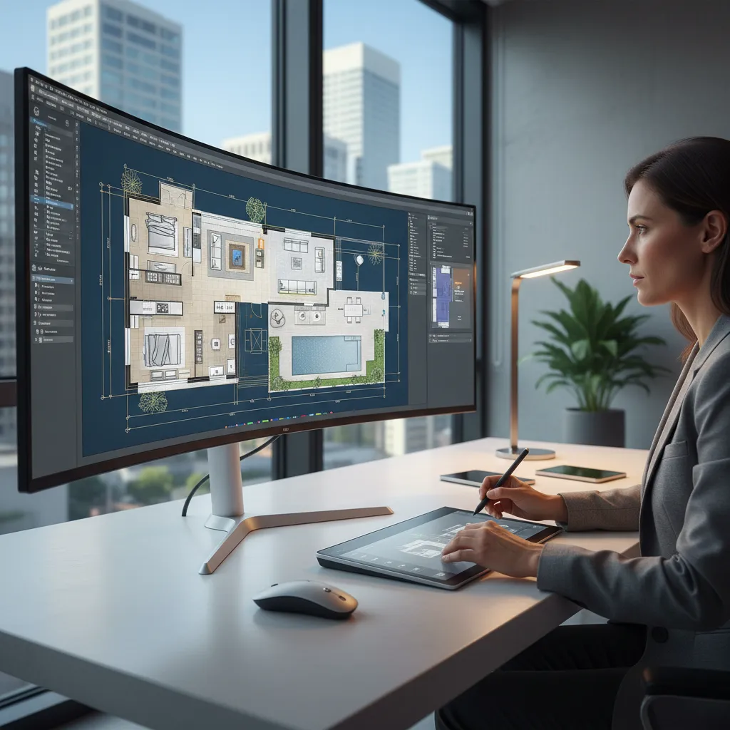 Digital floor plan design process on screen showing house layout planning