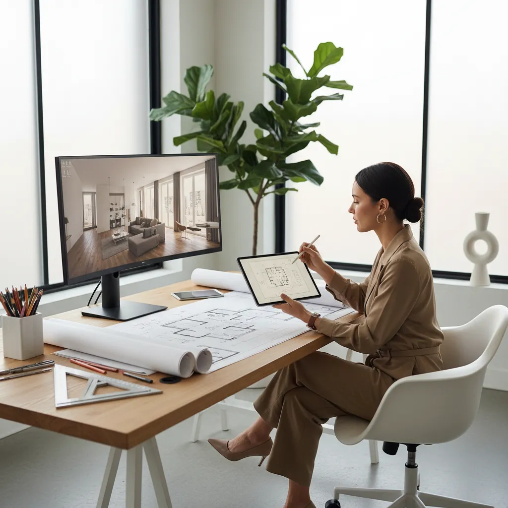 designer sketching floor plan layout with tablet and architectural drawings