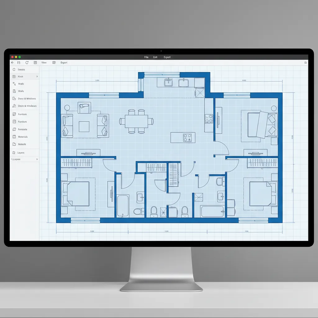 Coohom floor plan editor on a computer screen displaying a blue floor plan design layout