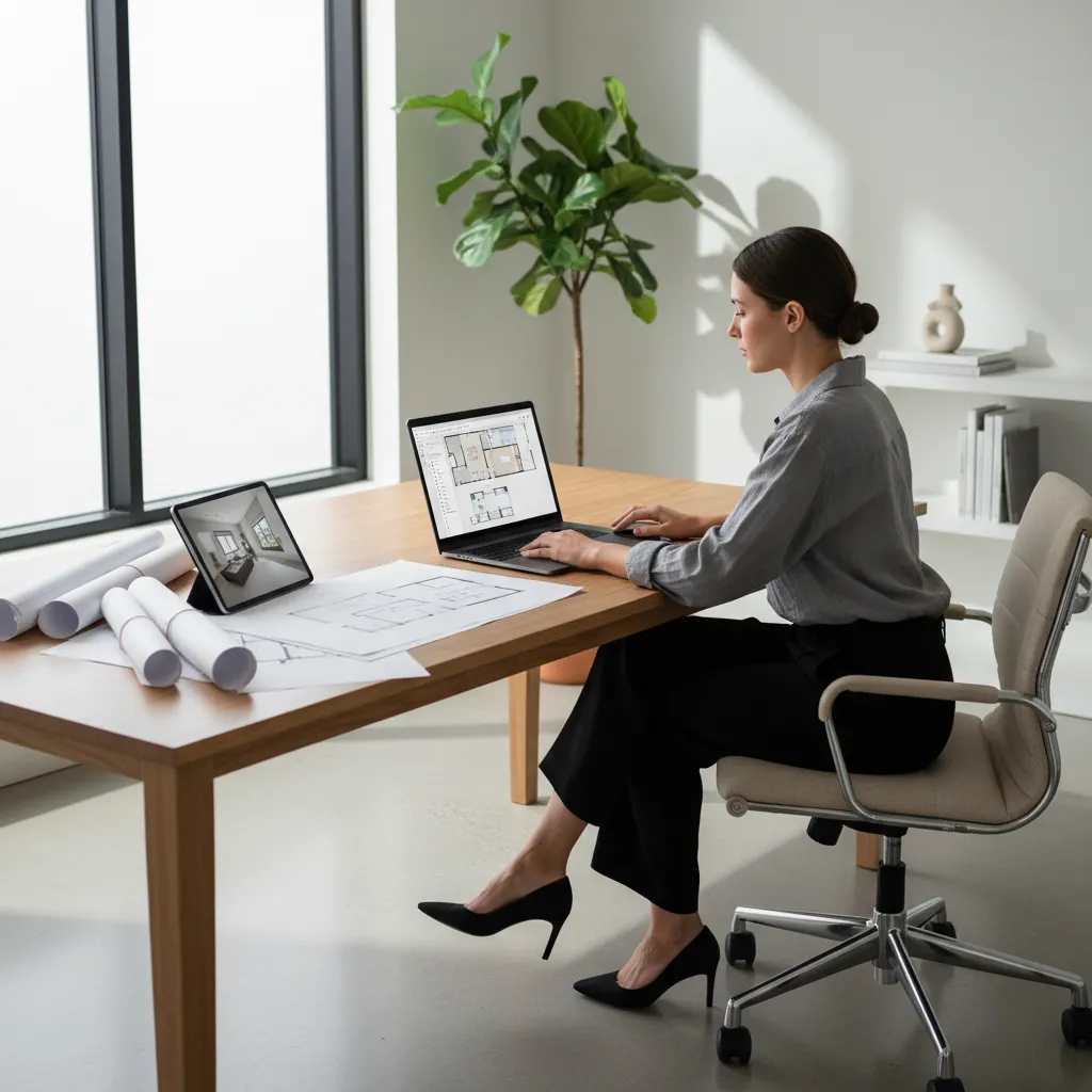 Designer adjusting digital floor plan layout on a laptop at a modern desk