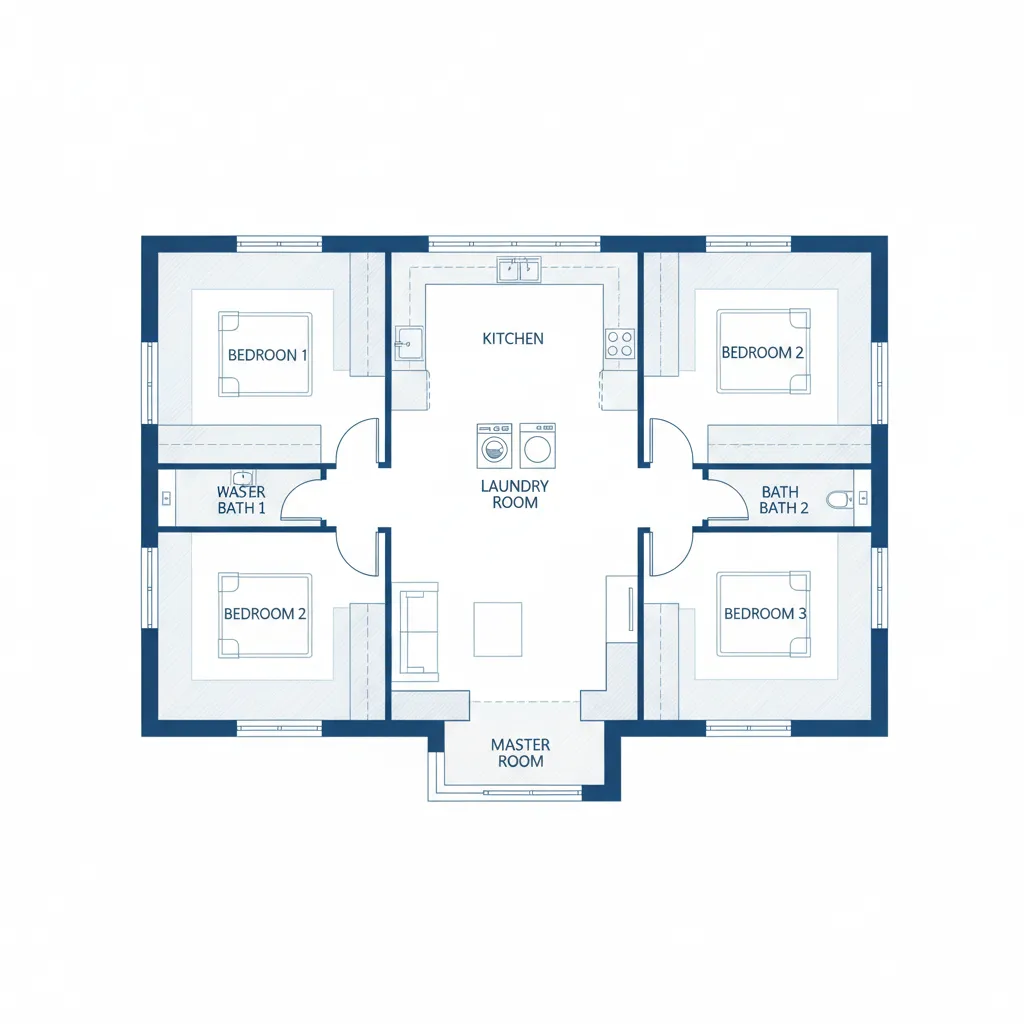 Floor plan highlighting interior laundry room as safer tornado shelter location