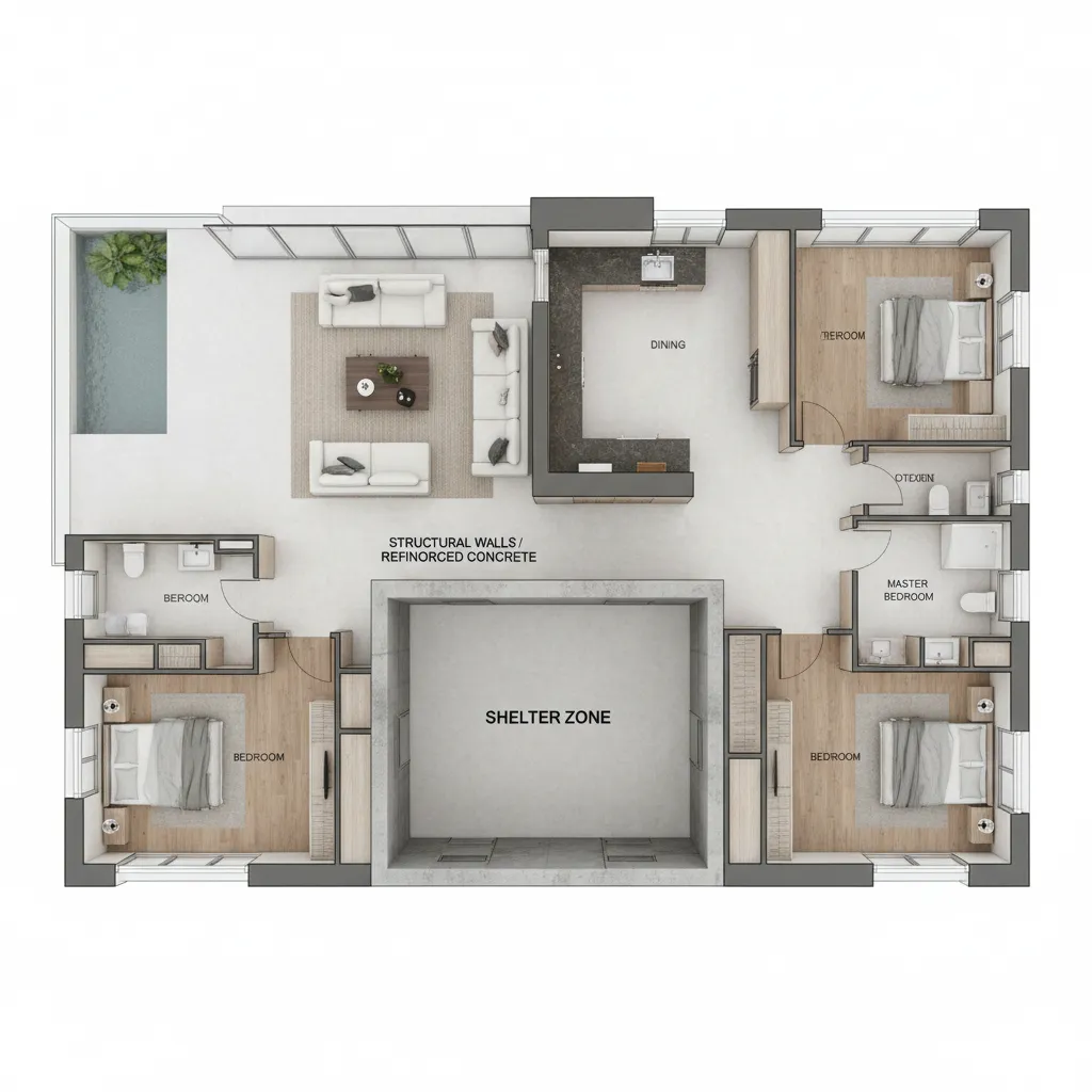 architectural floor plan highlighting the safest interior room for tornado shelter