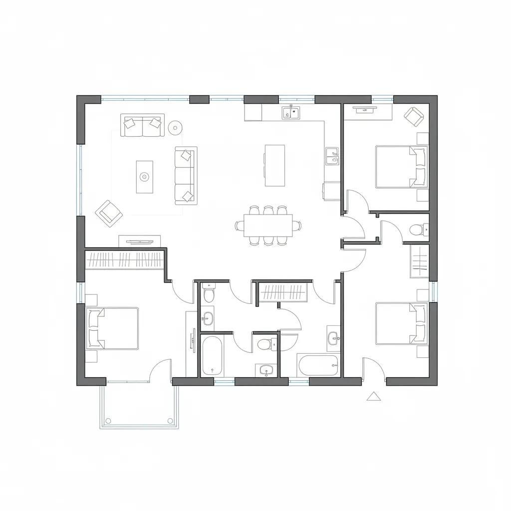 Plano de distribución de una casa con habitaciones claramente organizadas