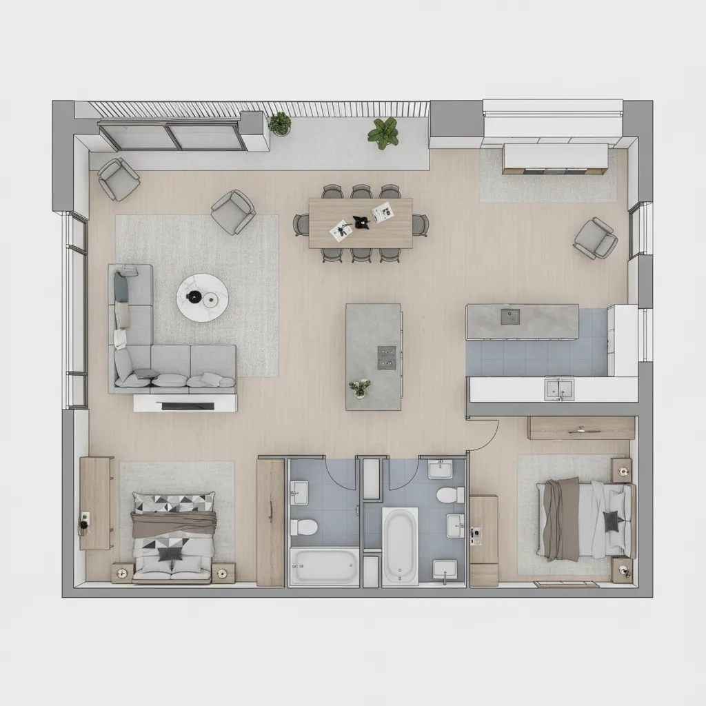 Top view modern house floor plan layout with furniture arrangement