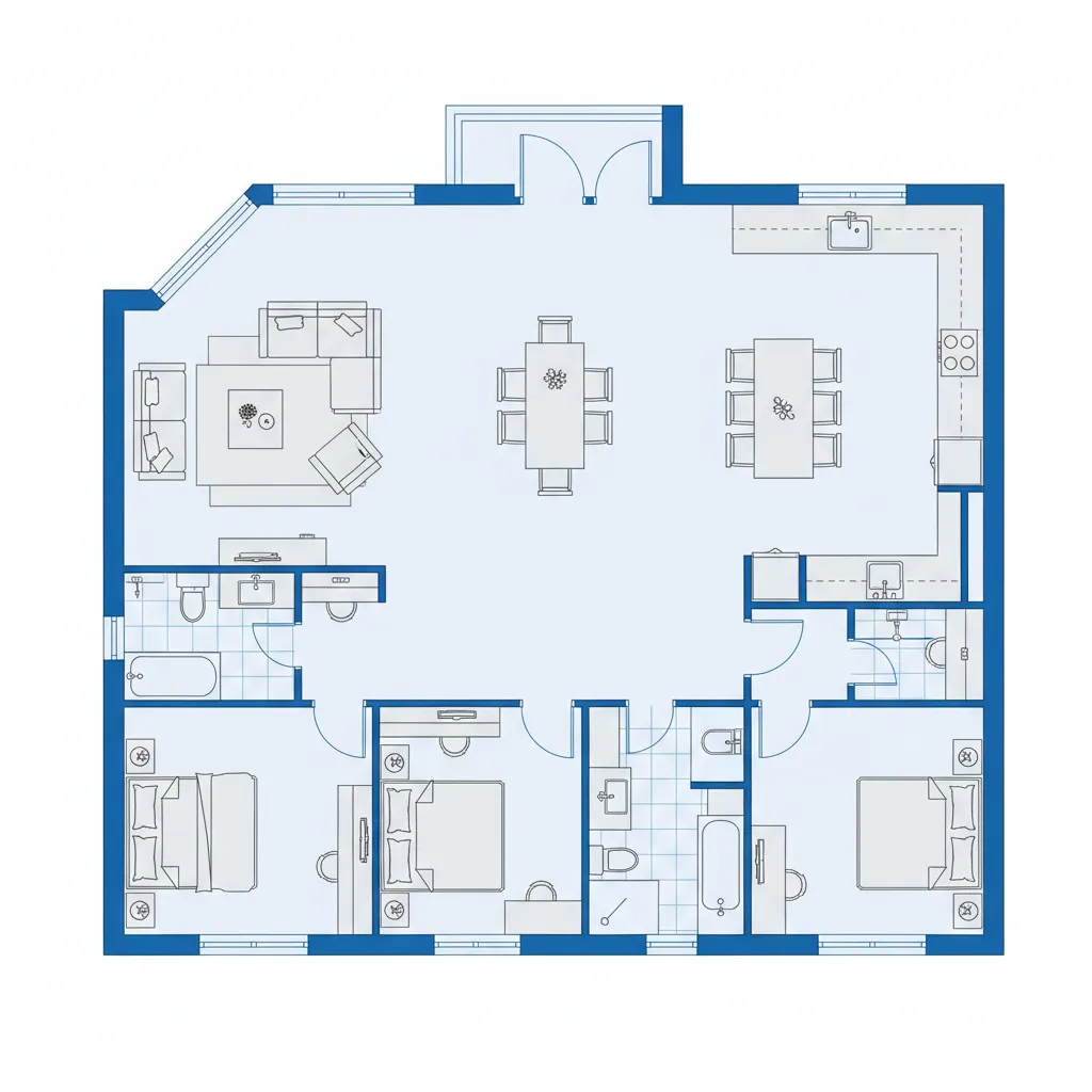 Clear house floor plan layout with labeled rooms and furniture arrangement