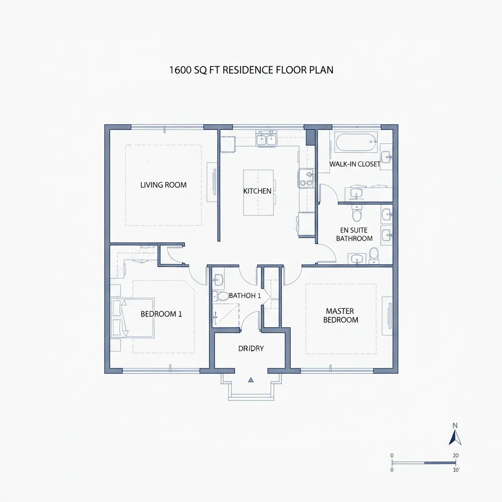 Detailed 1600 sq ft house floor plan layout used for construction budgeting