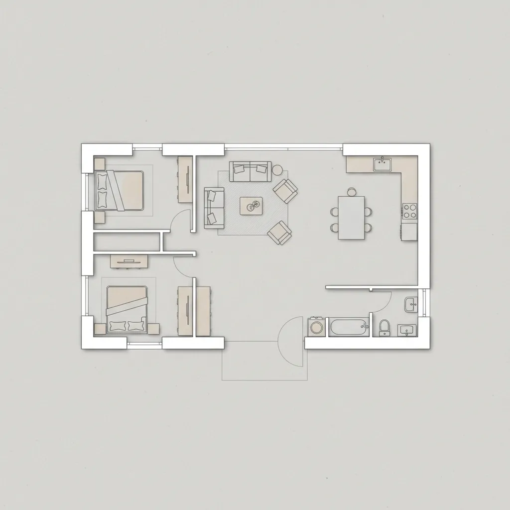 ejemplo de plano de casa con salón cocina dormitorios y baño bien distribuidos