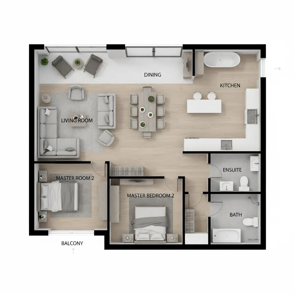 2D house floor plan layout showing room arrangement and circulation paths