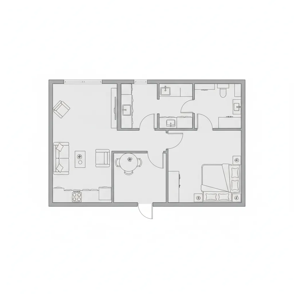 top view floor plan showing living room kitchen and bedroom zoning