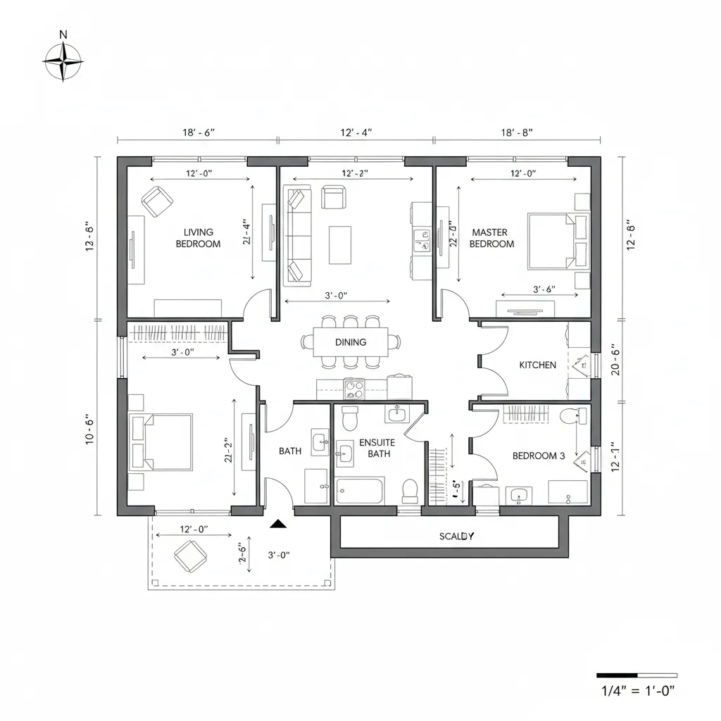 modern home floor plan with measurements and furniture spacing