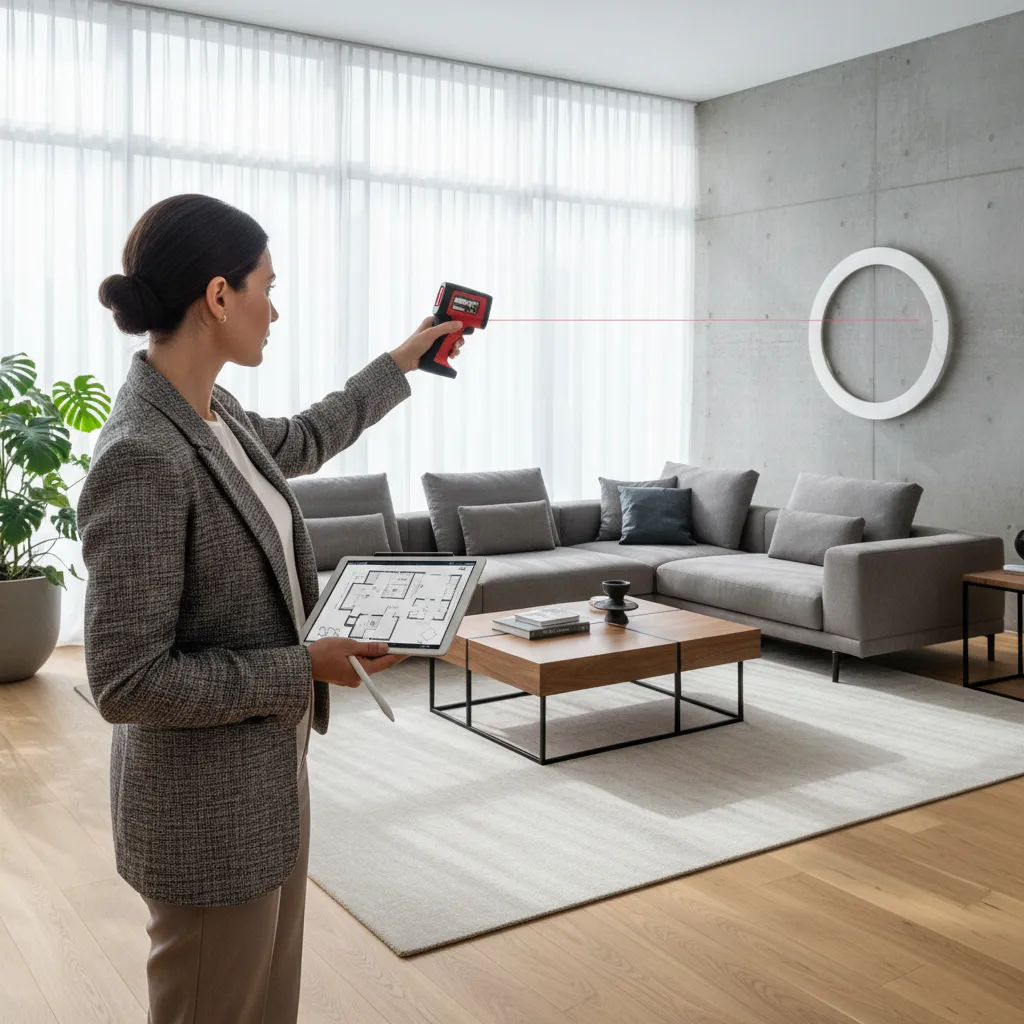 Designer measuring room dimensions with laser tool while referencing a floor plan