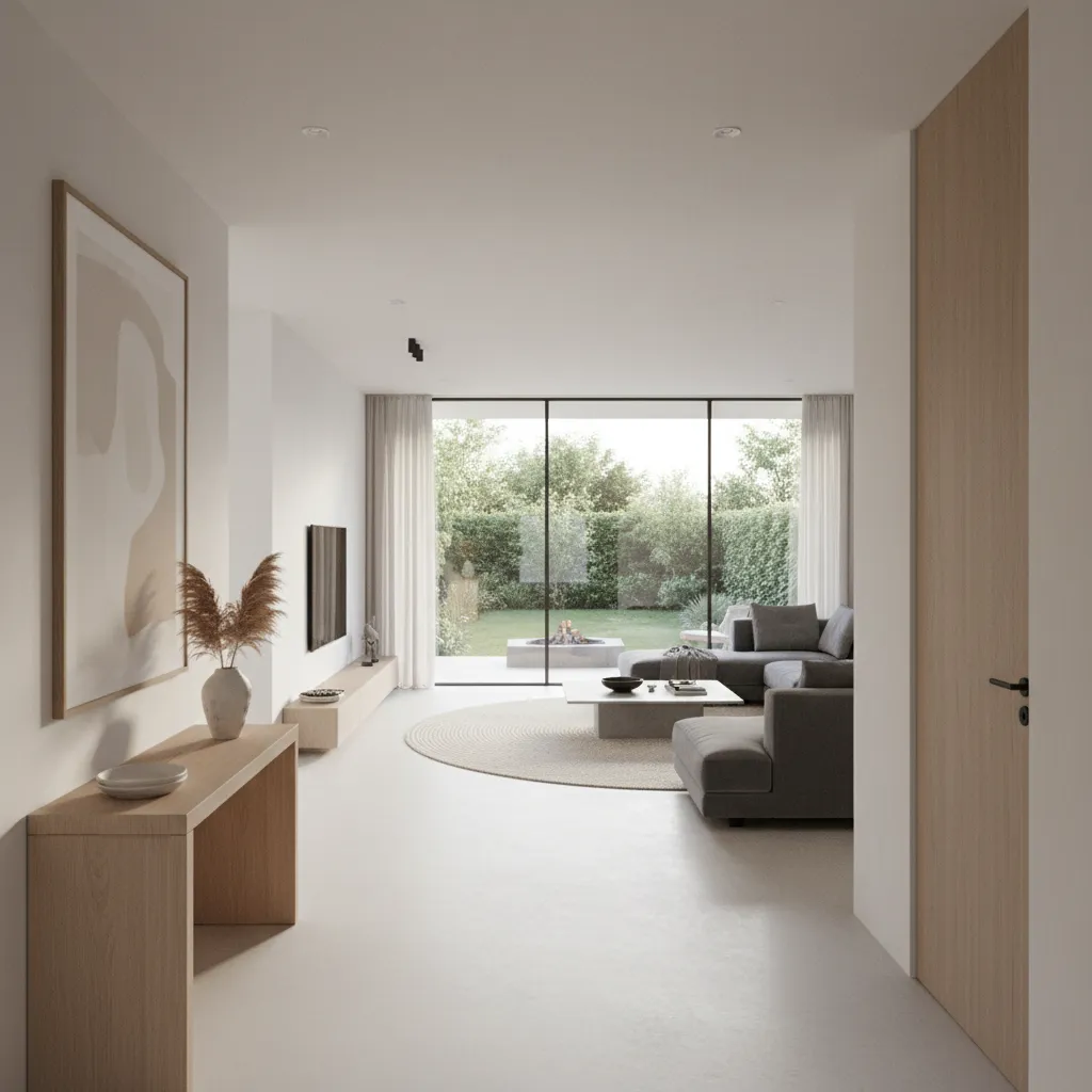 Interior view showing long sightlines from entry through living area in a well designed home floor plan