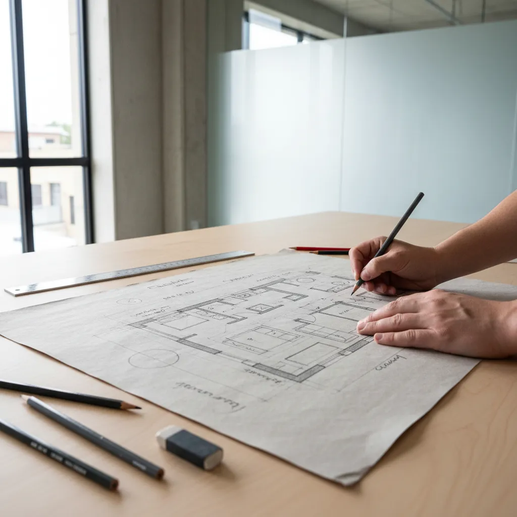 architect sketching residential floor plan layout on paper