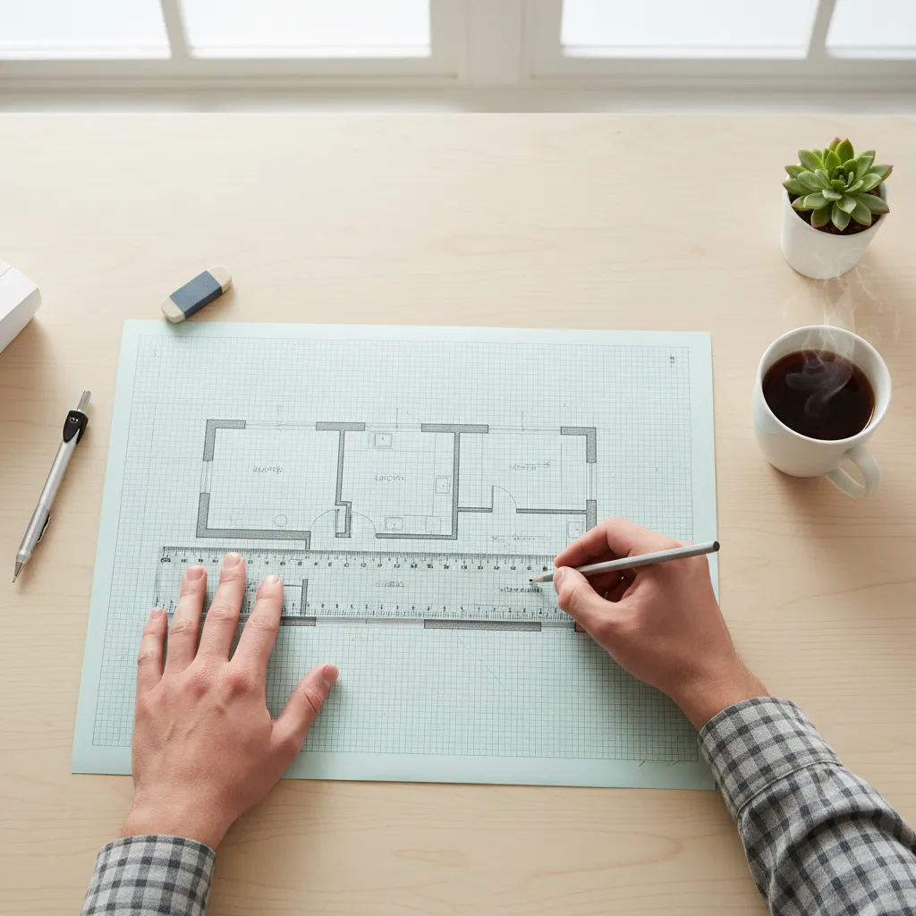 Designer sketching house floor plan on grid paper