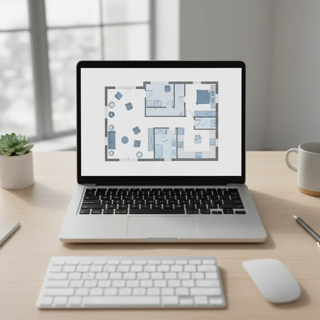 Laptop displaying a digital home floor plan layout with furniture placement planning