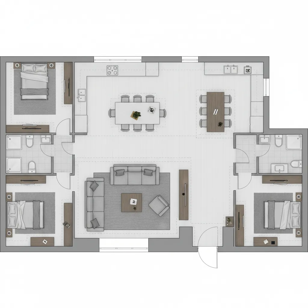 Top down interior design drawing showing three bedrooms living room kitchen dining area and two bathrooms