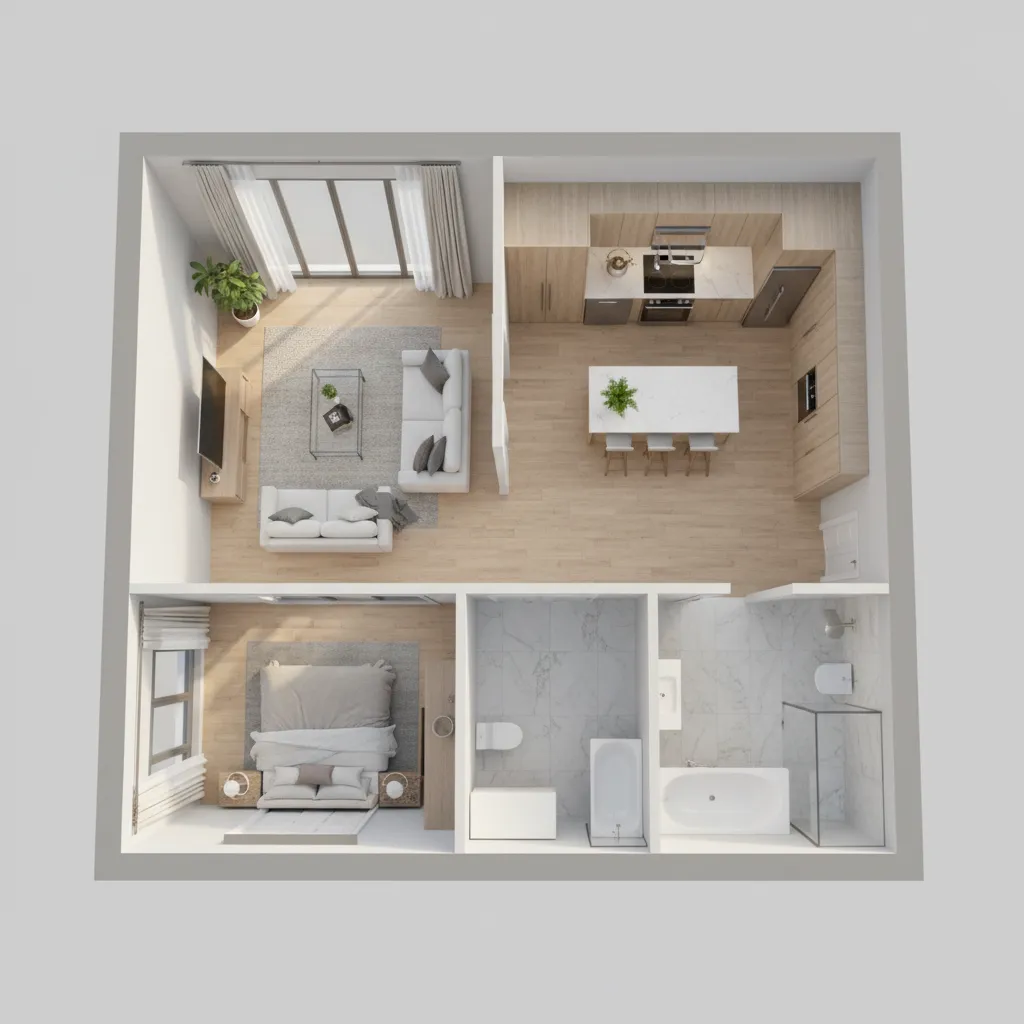 3D visualization of a small home floor plan with living room kitchen and bedroom