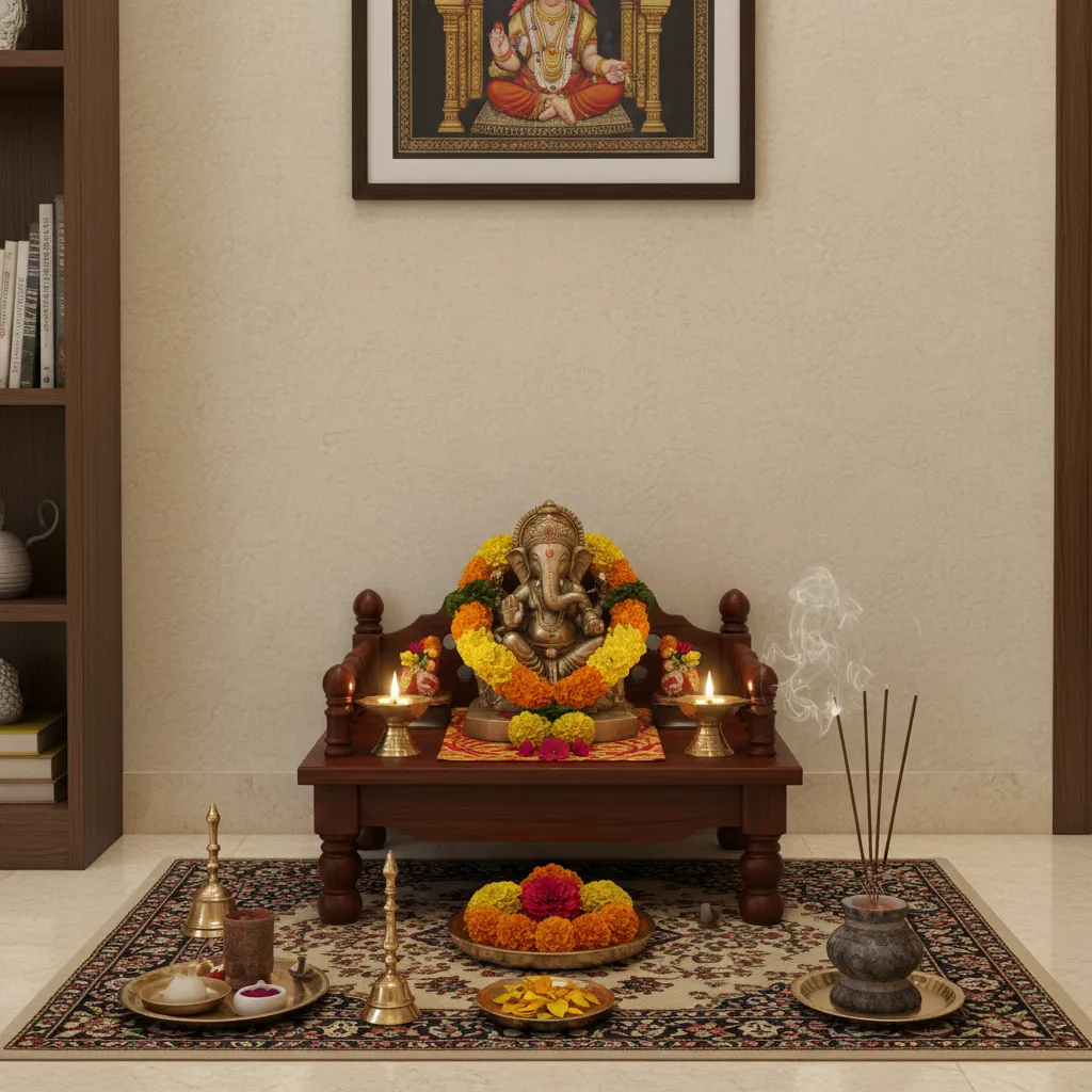 Simple Ganesh pooja altar arranged in a living room corner