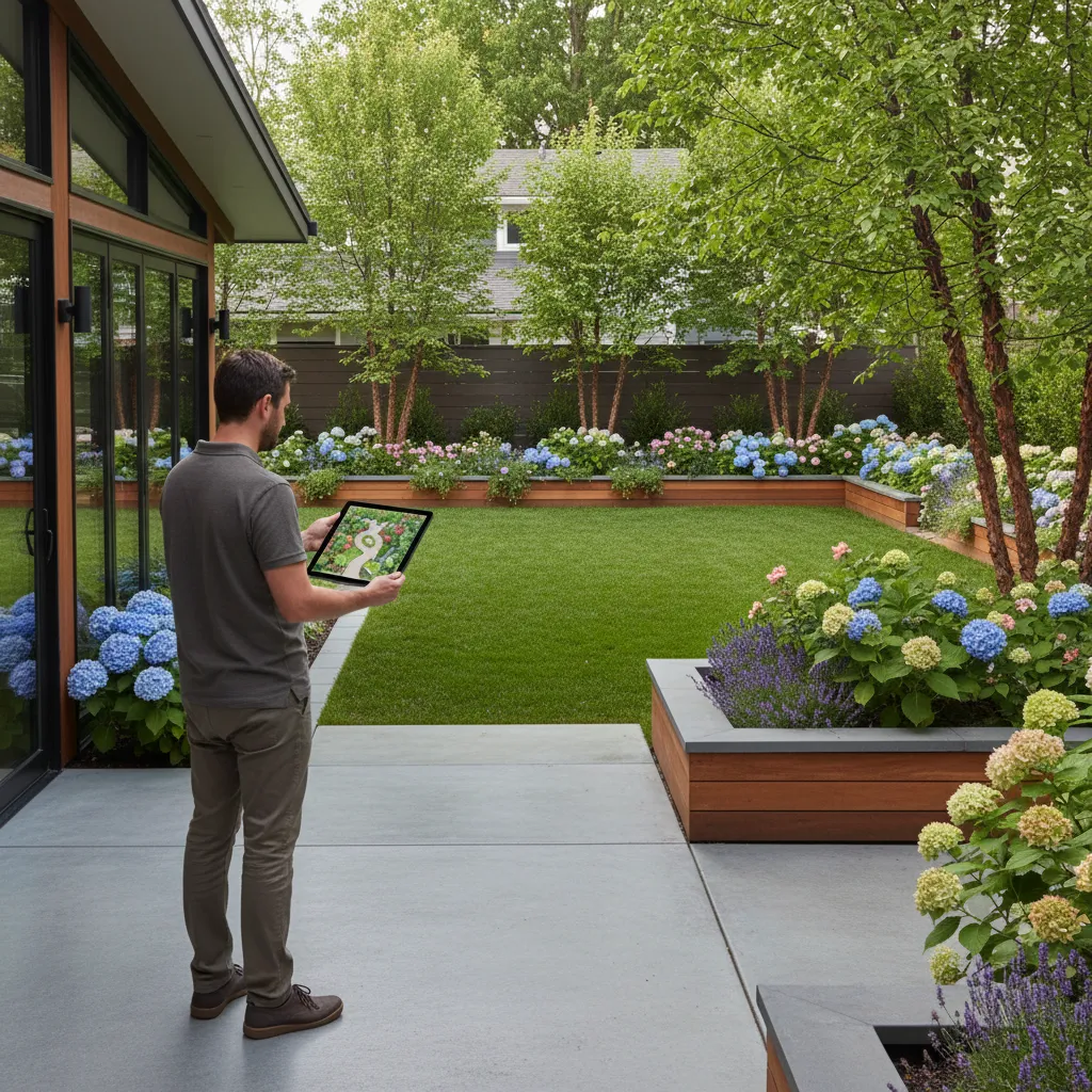 Homeowner reviewing digital garden plan while looking at backyard space