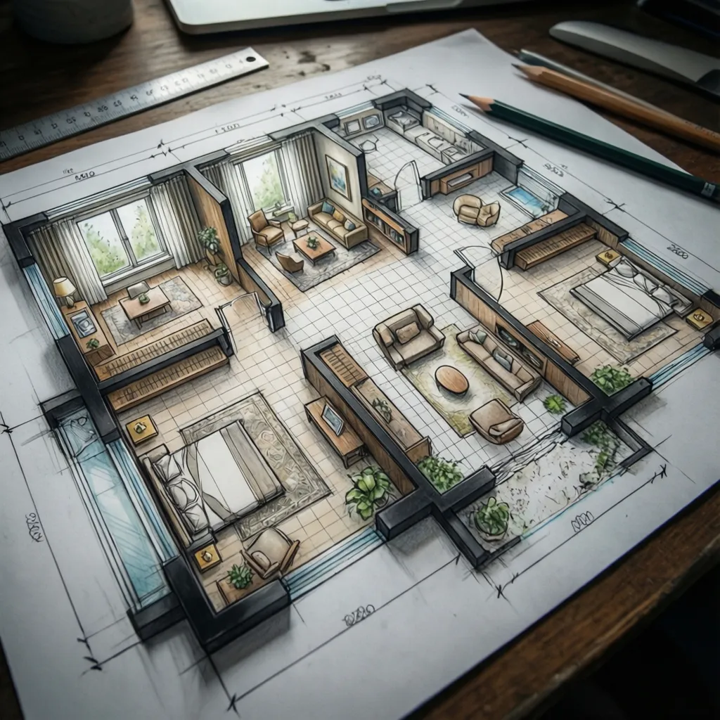 simple room sketch with grid used for furniture planning