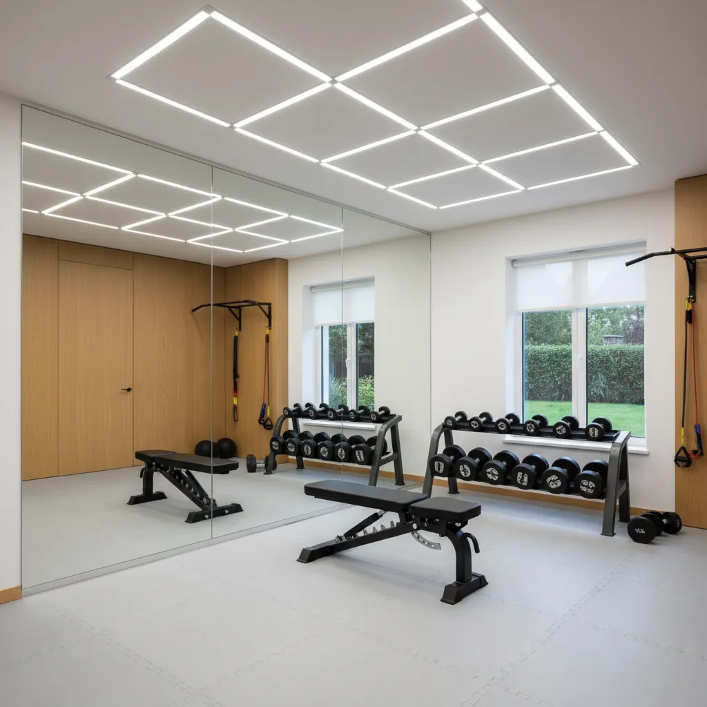 Gimnasio doméstico con espejo grande e iluminación LED
