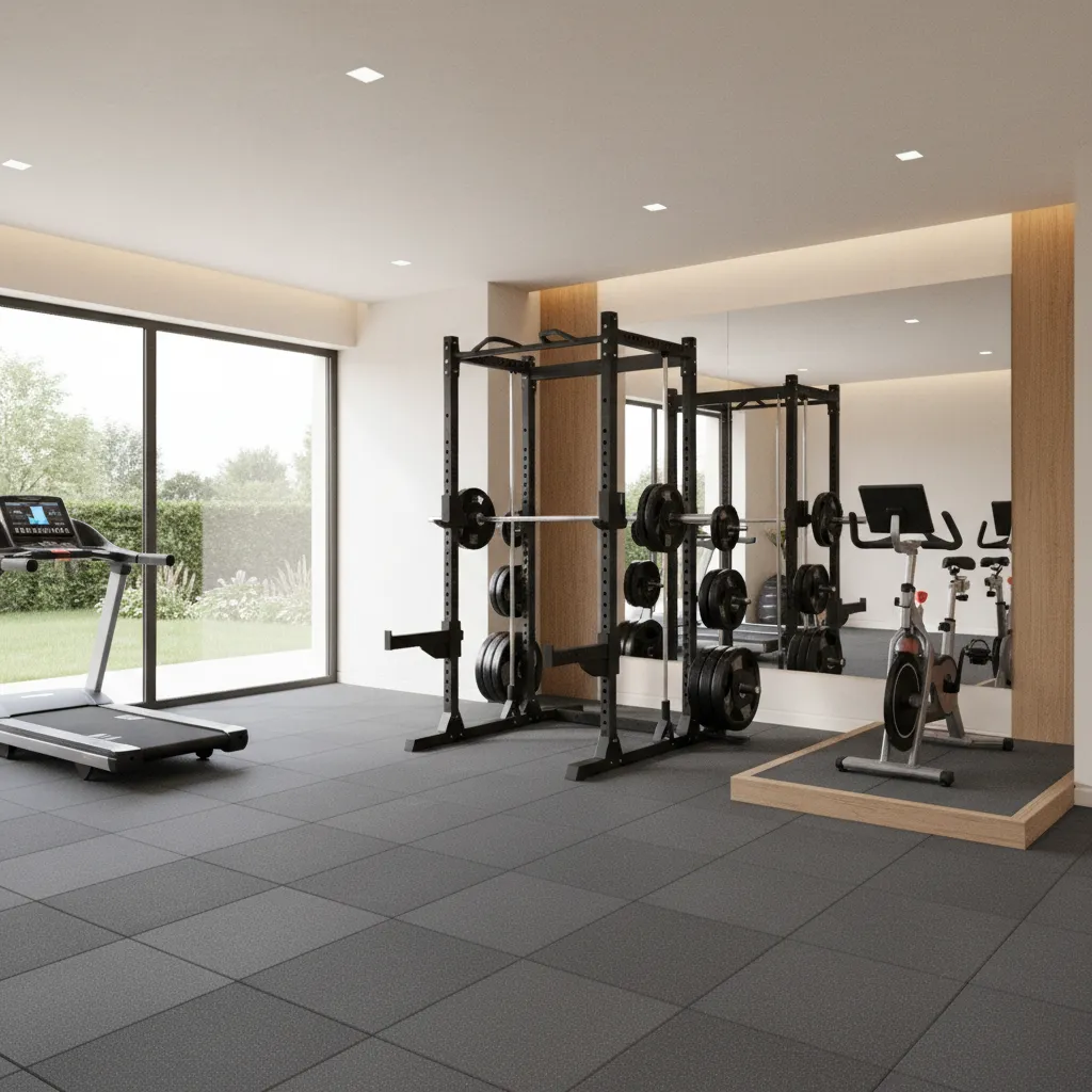 Spacious home gym showing strength training area and cardio machines with open workout floor