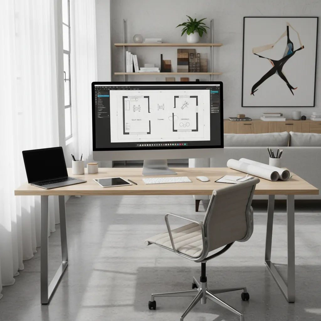 designer planning a home gym layout using software with gym equipment models on screen