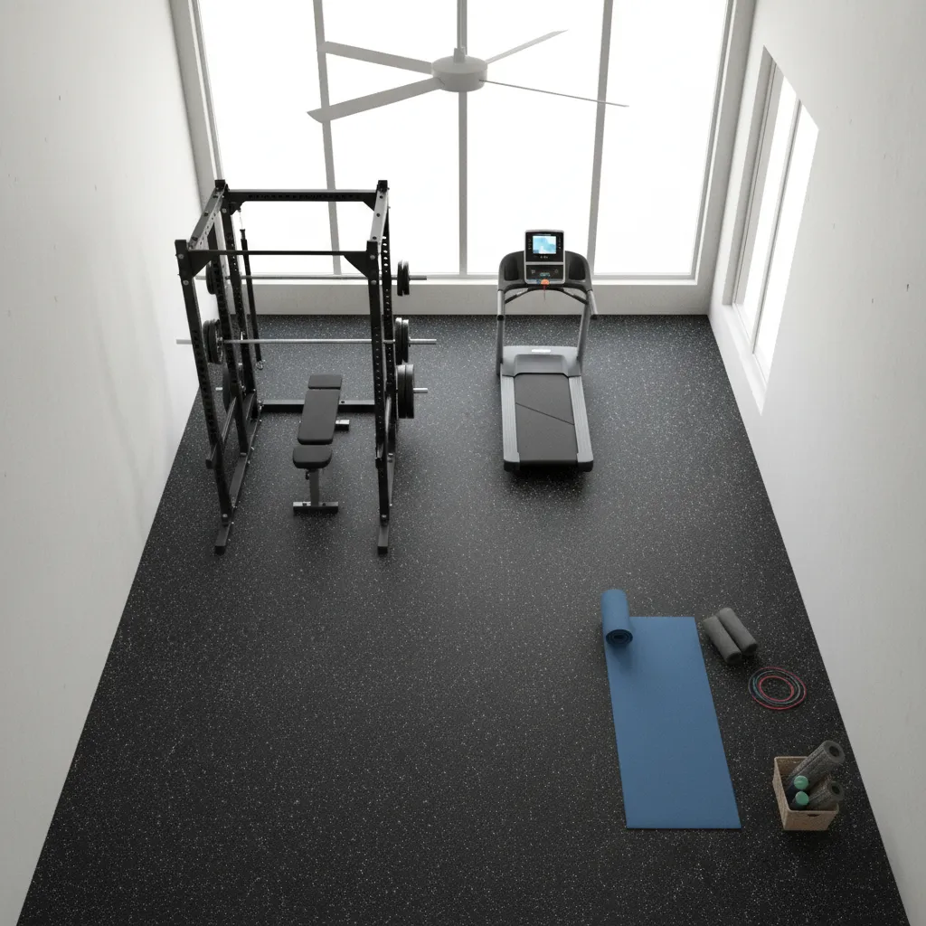 3d home gym layout showing separate zones for strength training cardio and stretching