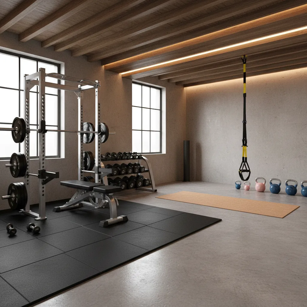 Distribución de zonas en un gimnasio en casa con área de fuerza y entrenamiento funcional