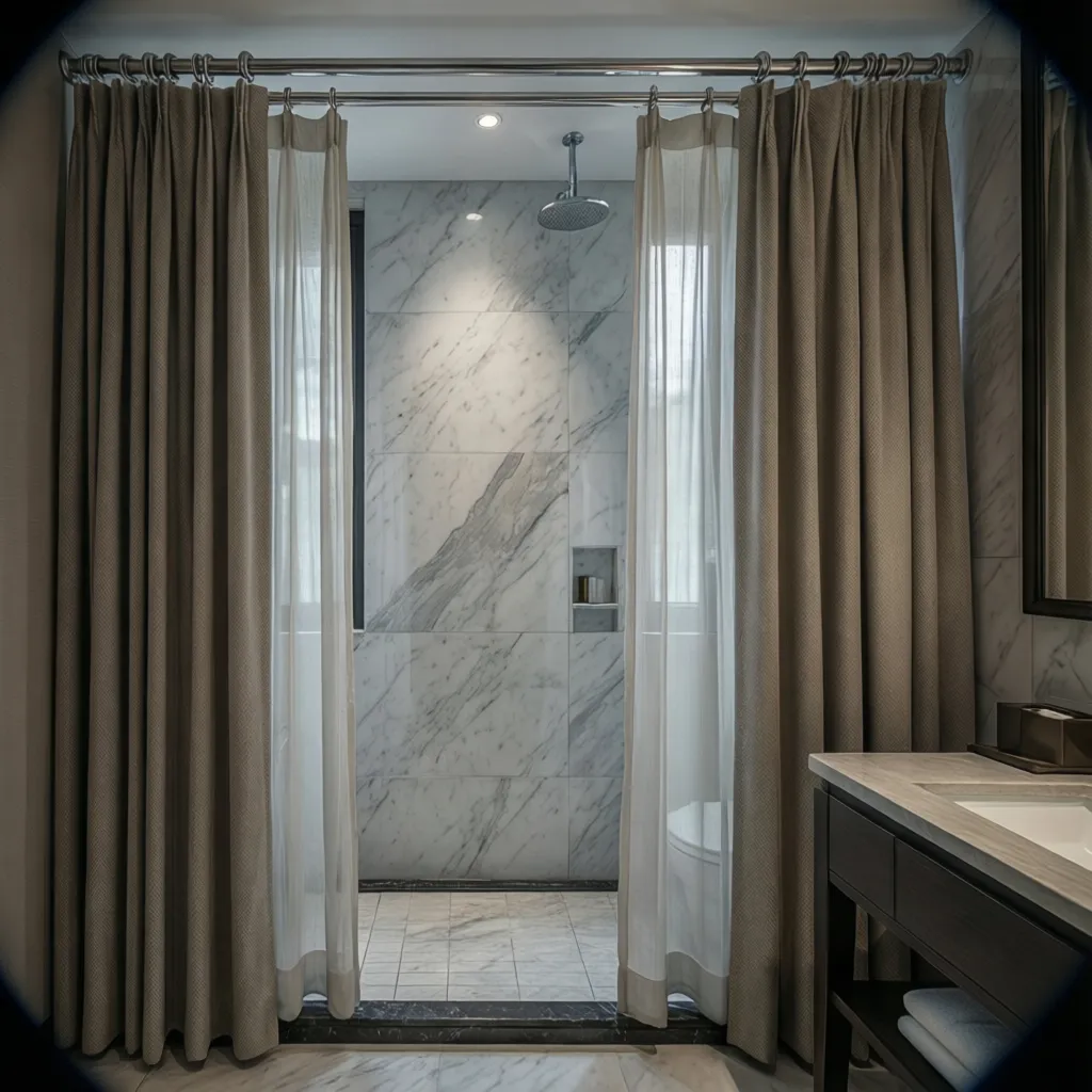 Residential bathroom styled with hotel inspired double shower curtains
