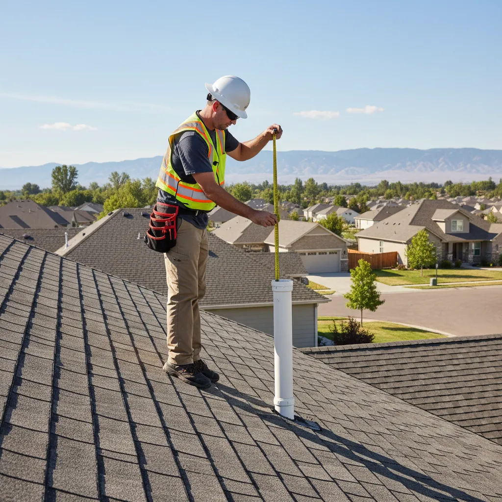 Home inspector examining plumbing vent pipe height on residential roof
