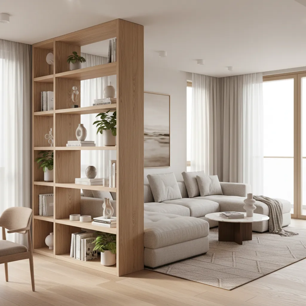 home living space divided using shelving and furniture layout