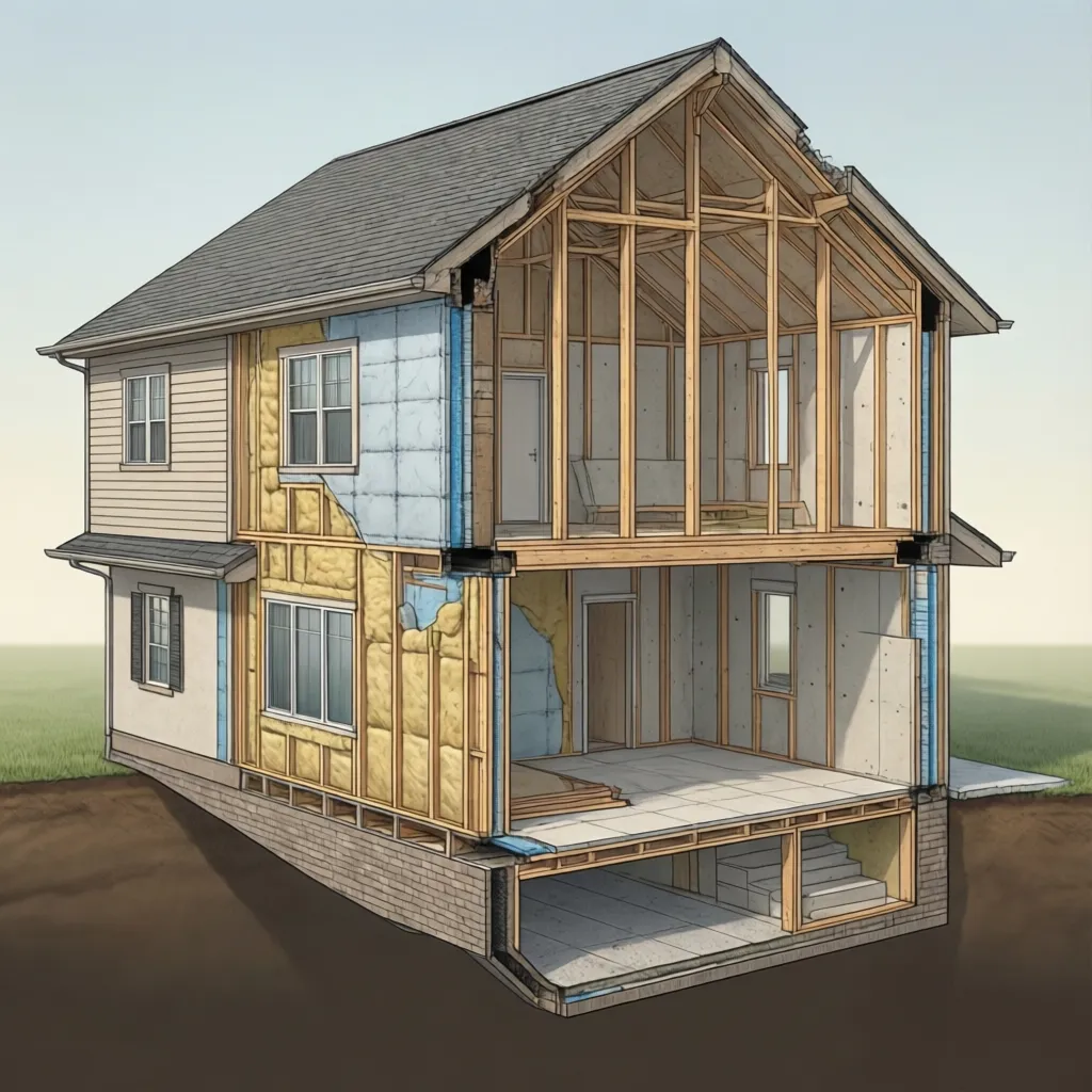Cutaway view of house wall insulation and sealed building envelope