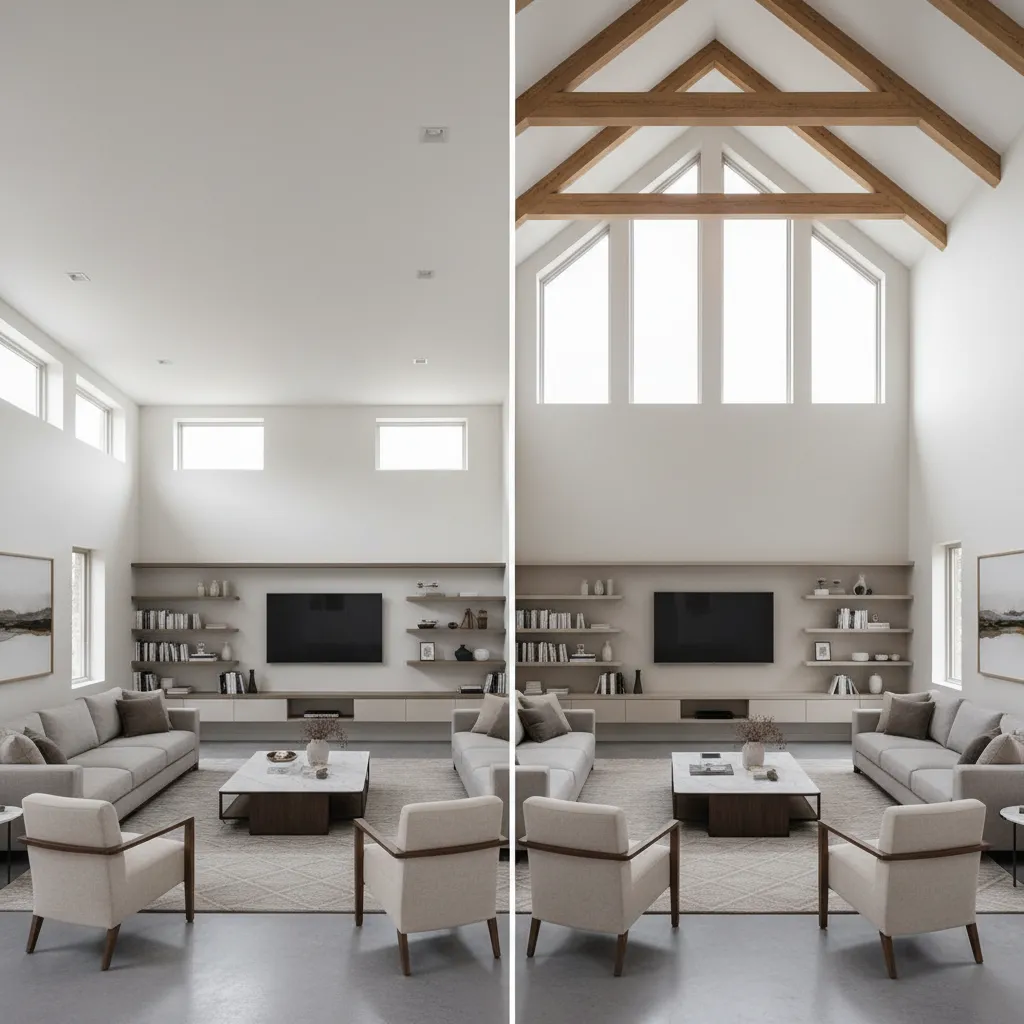 Interior comparison showing standard ceiling and vaulted ceiling heat volume difference