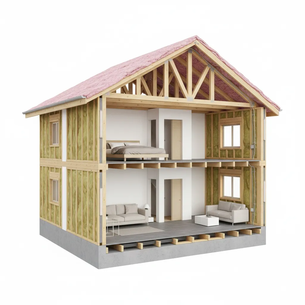 house cross section showing attic wall and floor insulation placement