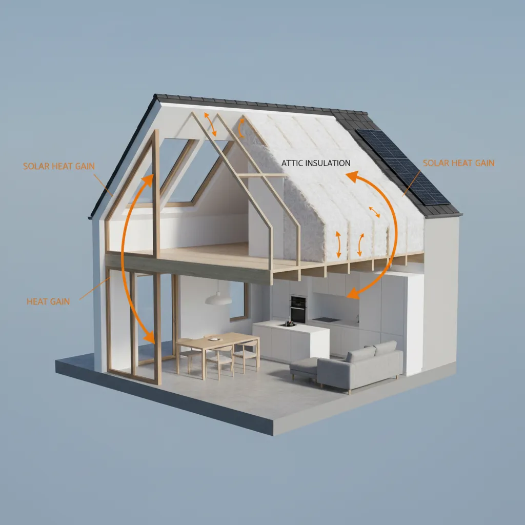 house cross section showing heat entering through roof windows and walls affecting AC cooling
