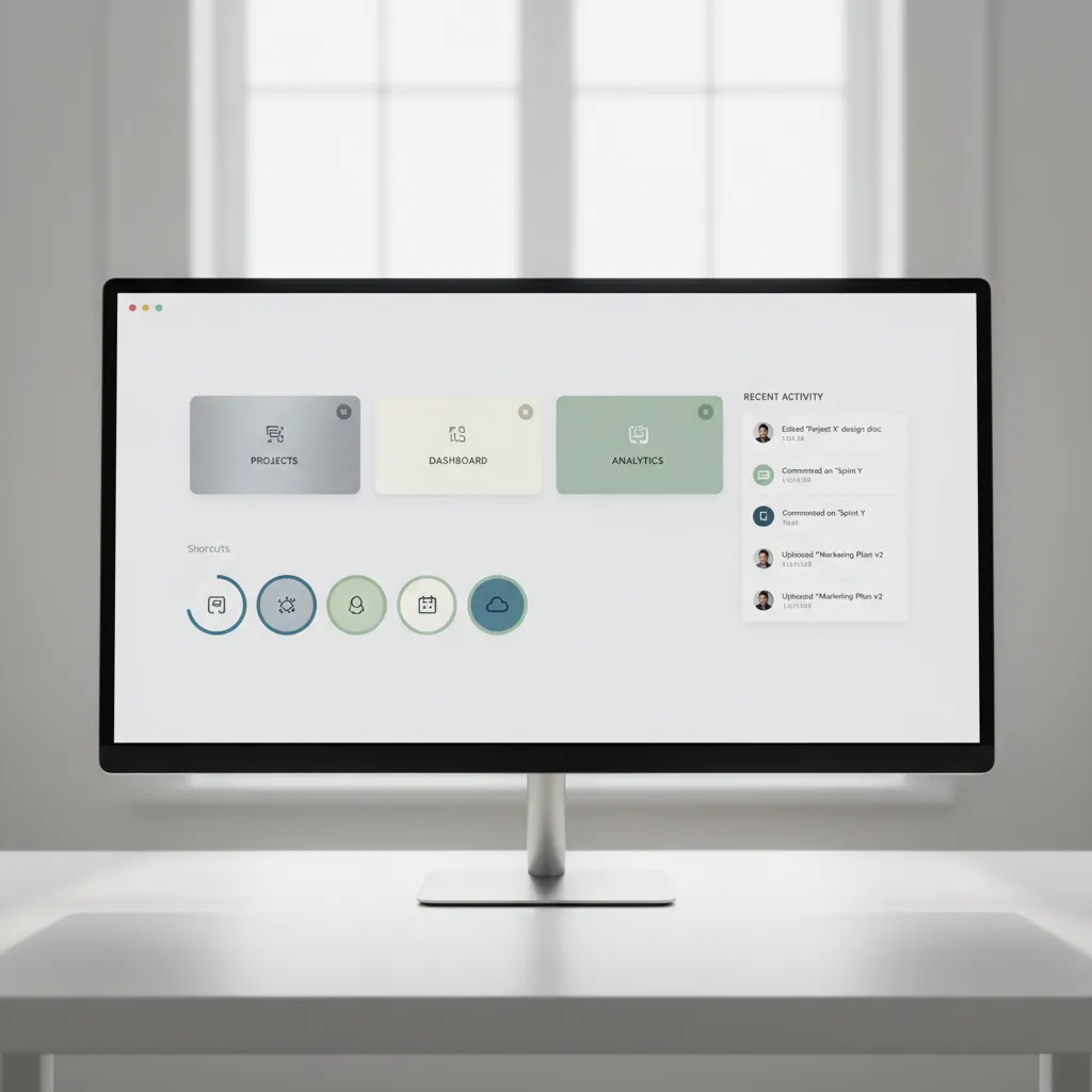 Modern home interface screen with navigation cards and shortcuts