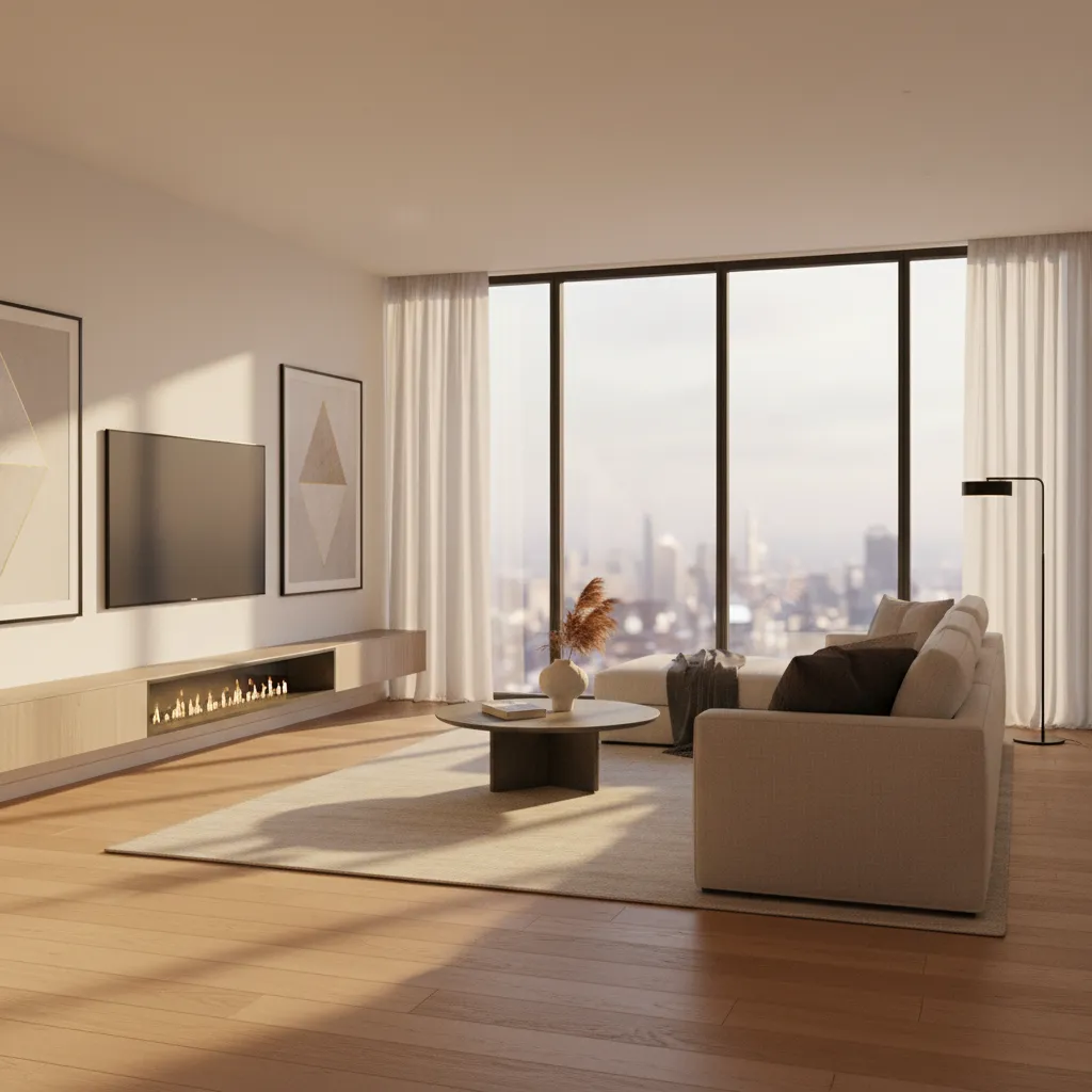 Render 3D realista de un salón diseñado digitalmente