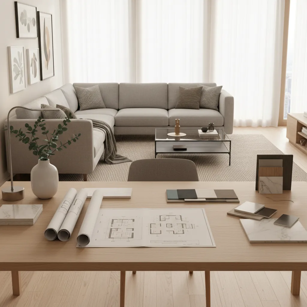 designer workspace with floor plan sketches and interior materials