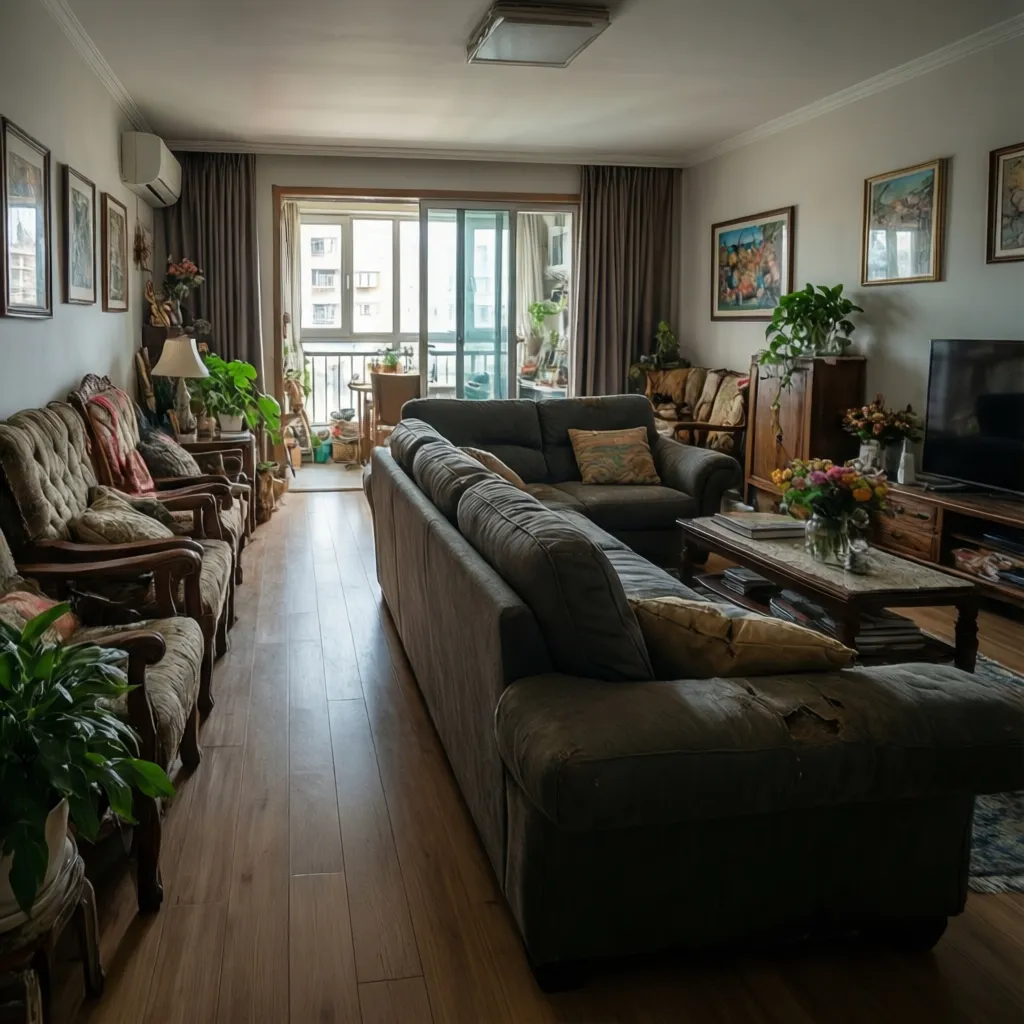 Sala con muebles demasiado grandes que dificultan la circulación