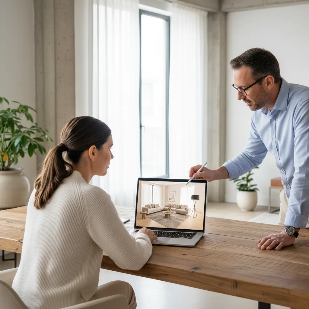 homeowner reviewing 3D interior design plans in a modern living room renovation discussion