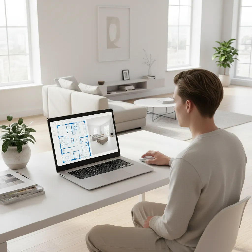 Person using home interior design software to plan a living room layout on a laptop