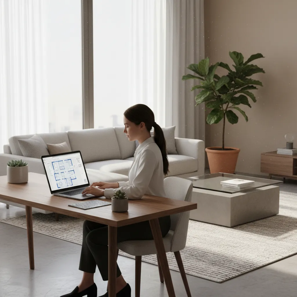 Homeowner using laptop to experiment with interior design layout software