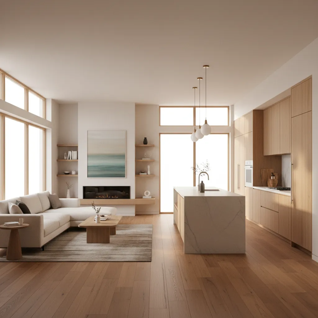 Modern finished interior of a small house showing kitchen and living space finishes