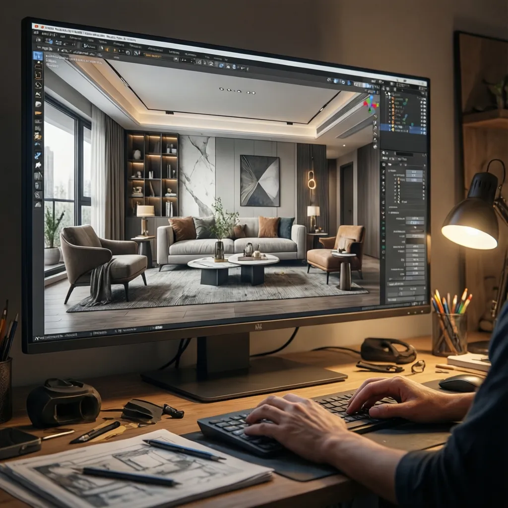 Diseñador revisando distribución de un salón en software 3D