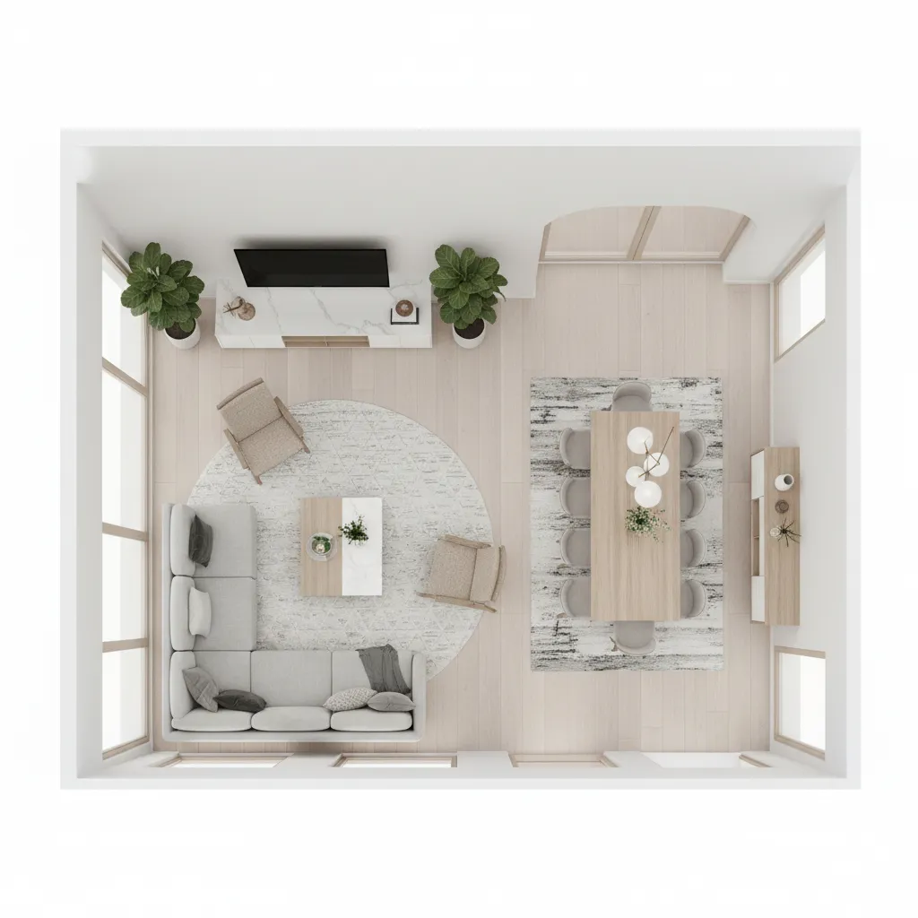 Vista superior de distribución de sala y comedor en casa moderna