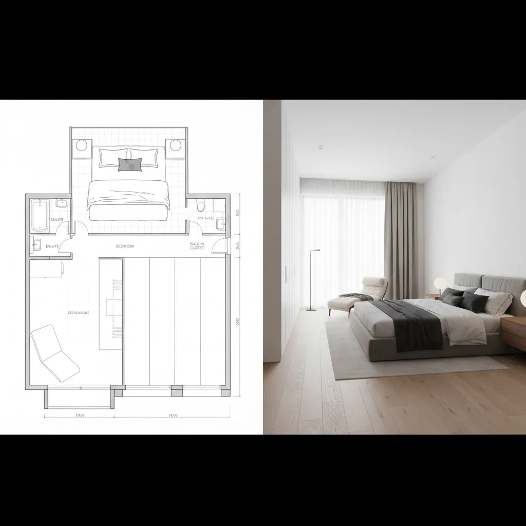 Comparison showing black and white bedroom floor plan next to a finished 3D room design