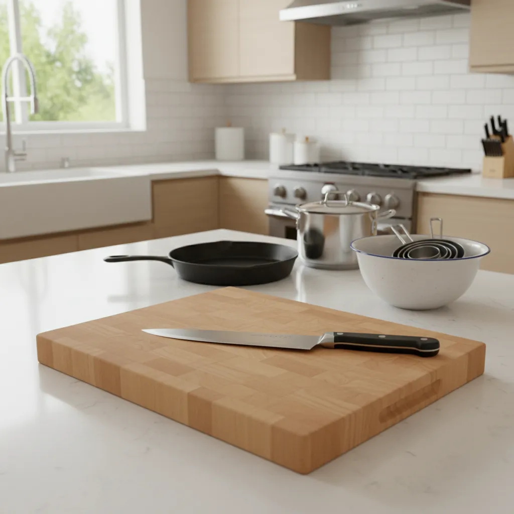 Home kitchen counter with basic cooking tools including knife, skillet and cutting board