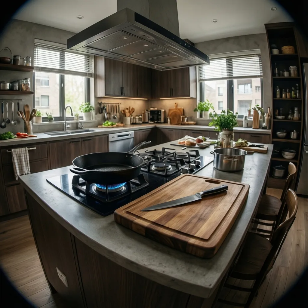 Modern home kitchen using professional style cookware like cast iron pans and chef knife